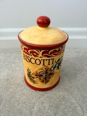 Biscotti Cookie Jar - Yellow and Red Ceramic Canister